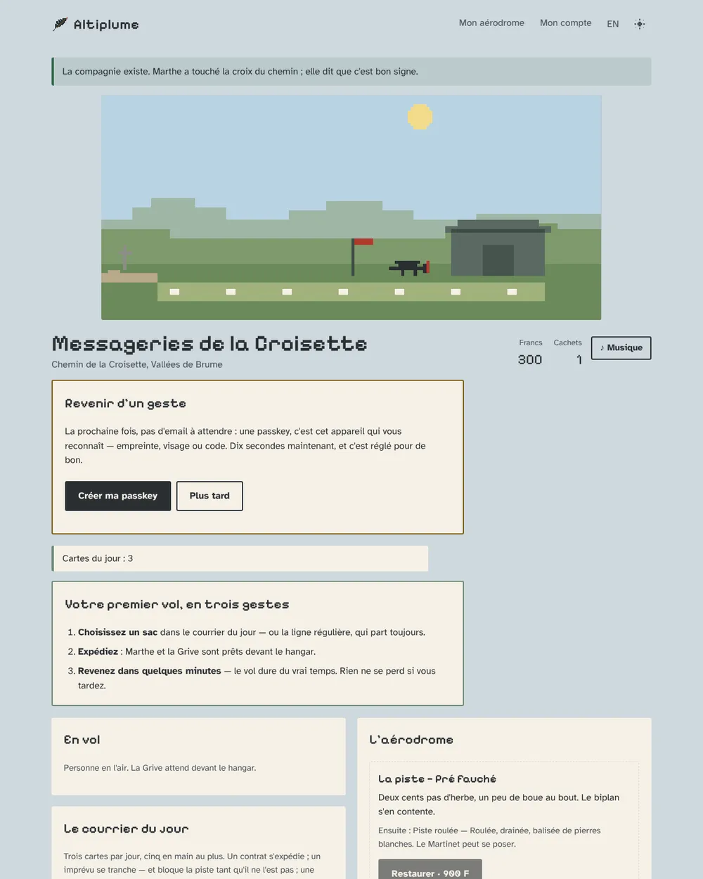 The aerodrome page on a large screen: a pixel-art grass strip with a hangar and a windsock, the company name, francs and stamps, then the day's mail cards and the field sections in two columns