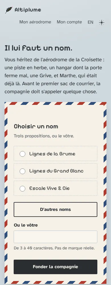 Altiplume sign-up form on a phone: email, nickname, age and terms checkboxes