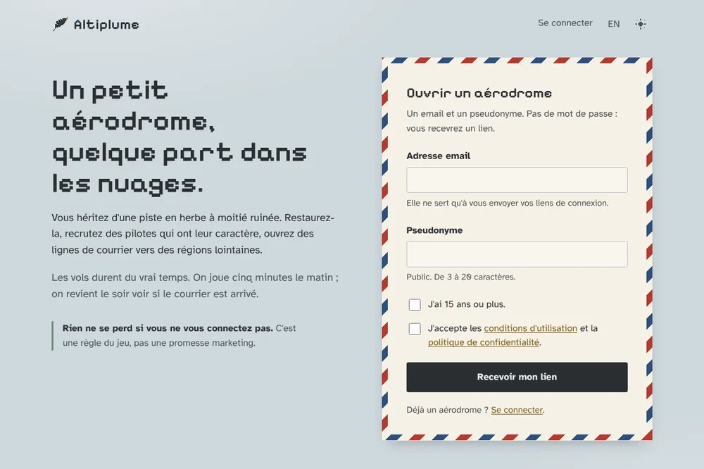 Altiplume home page: a pixel feather logo, the title 'Un petit aérodrome, quelque part dans les nuages' and an airmail envelope sign-up form with red and blue chevrons