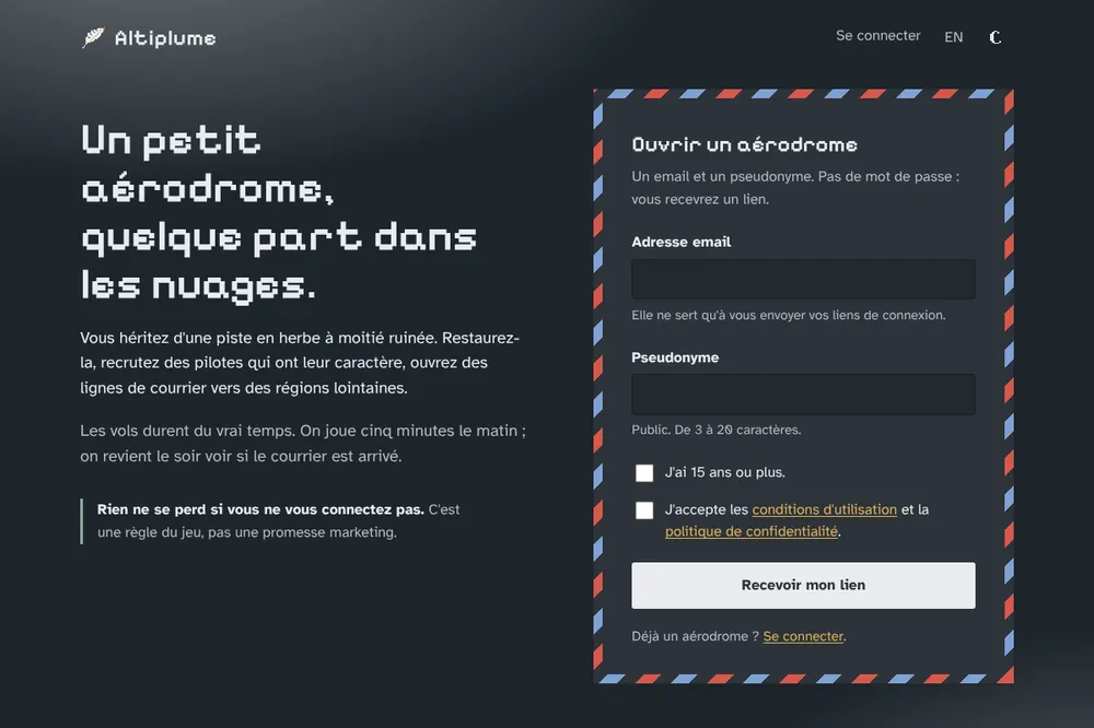Altiplume home page in night mode: pixel-art aerodrome under a dark sky