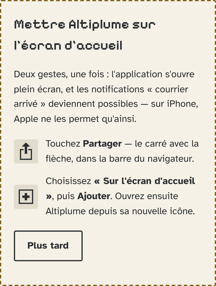 Altiplume card on an iPhone explaining how to add the game to the home screen in two taps