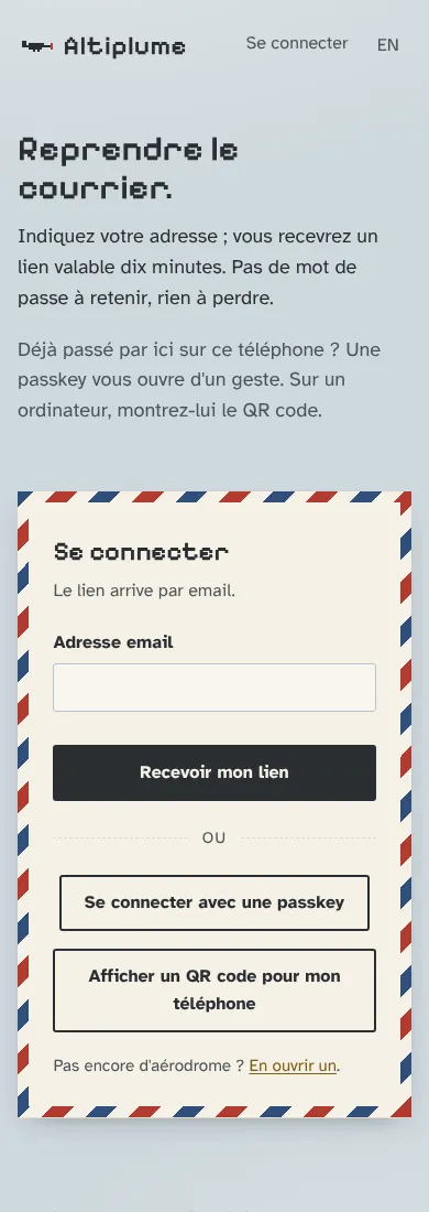 Altiplume login page on a phone: email field, passkey button and QR option