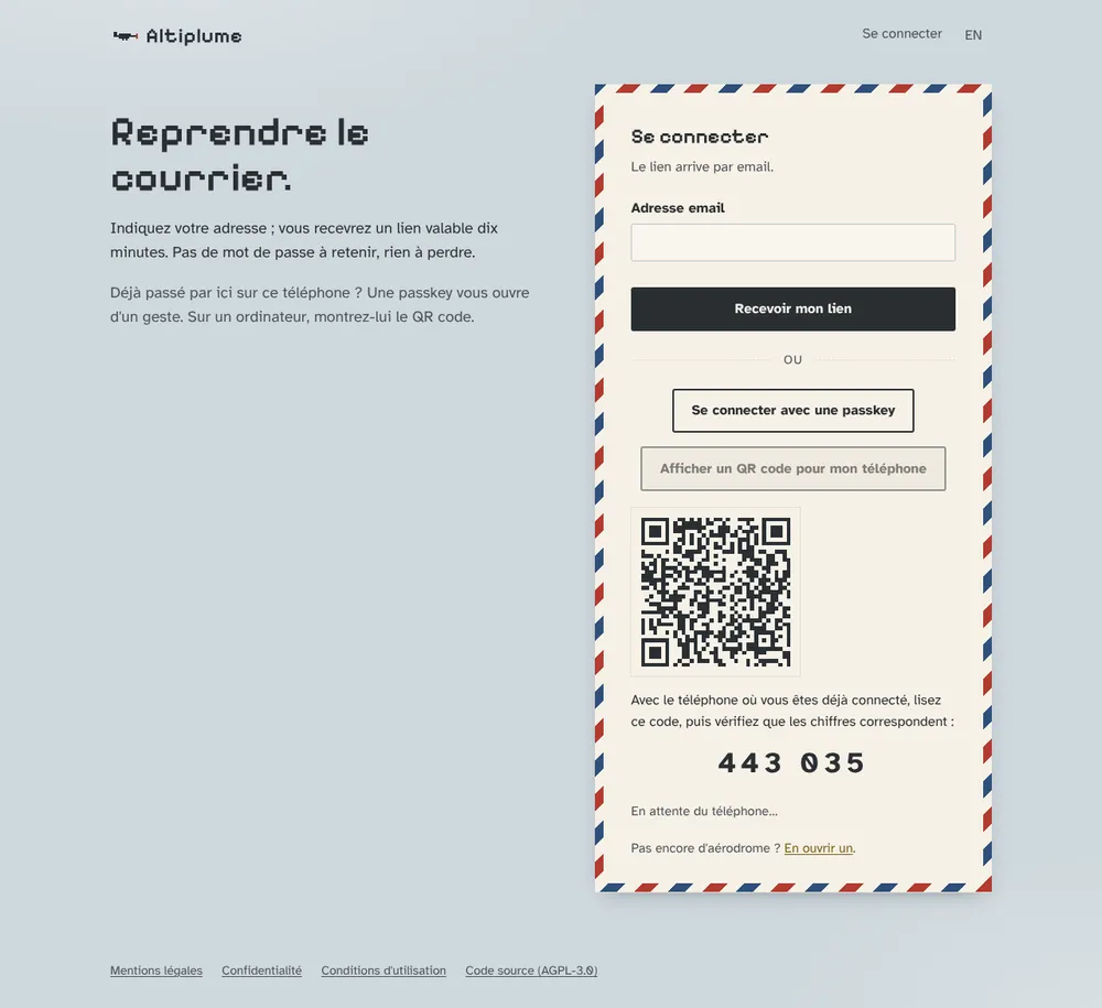 Altiplume login page on a PC showing a QR code and a six-digit verification code