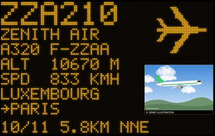 ZenithBoard dot-matrix wall in amber showing a demo flight, ZZA210 Zenith Air, an A320 from Luxembourg to Paris, with altitude, speed, distance and an illustration of the aircraft