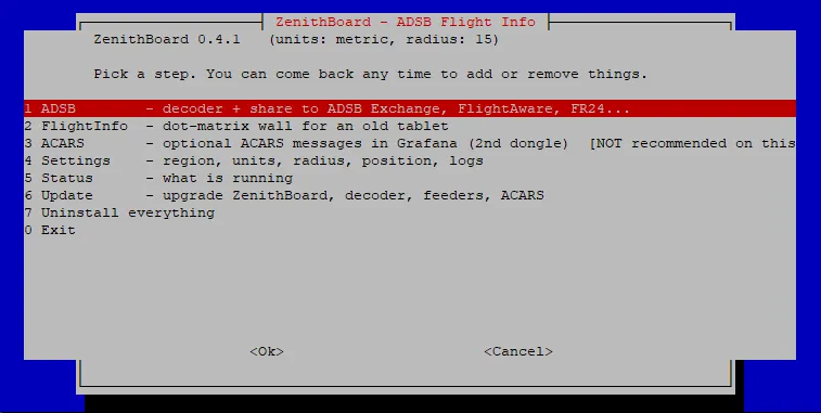 The ZenithBoard installer main menu on the Raspberry Pi: ADSB, FlightInfo, ACARS, Settings, Status, Update, Uninstall