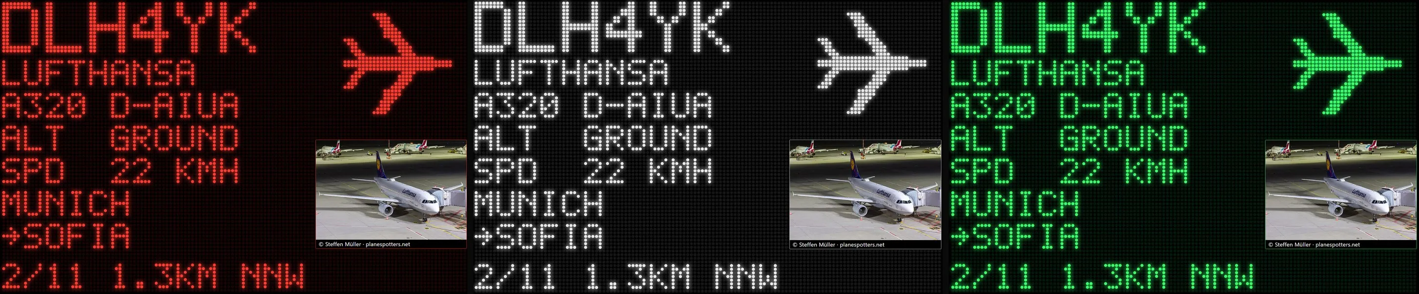 The ZenithBoard dot-matrix wall showing Lufthansa DLH4YK, Munich to Sofia, in red, white and green